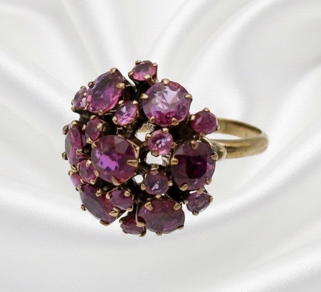 Vintage Ruby / Pink Sapphire Dome Cluster Cocktail Ring 14K Yellow Gold Sz 5