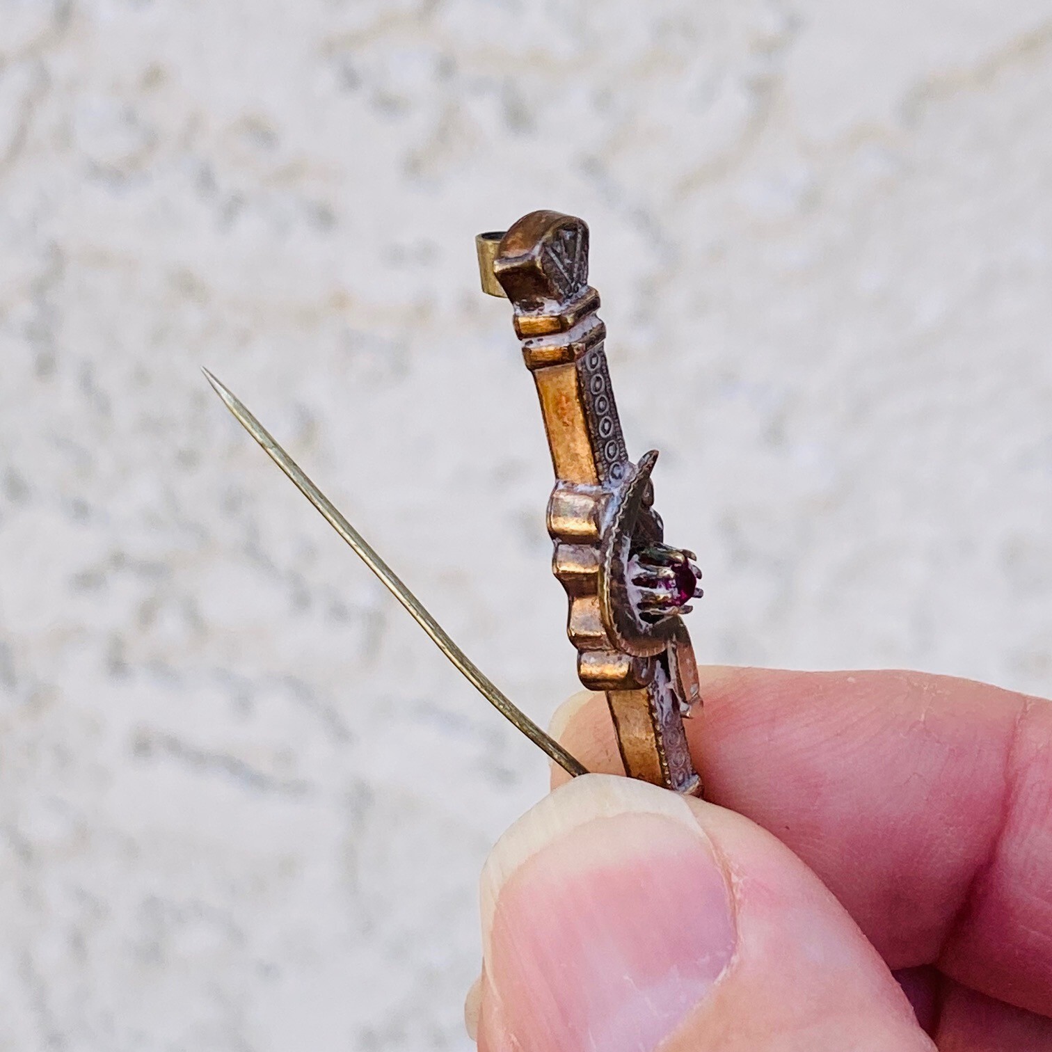 Antique Miniature Bar Brooch Pin with Ruby Red Gemstone Fashion Doll Gift #1183
