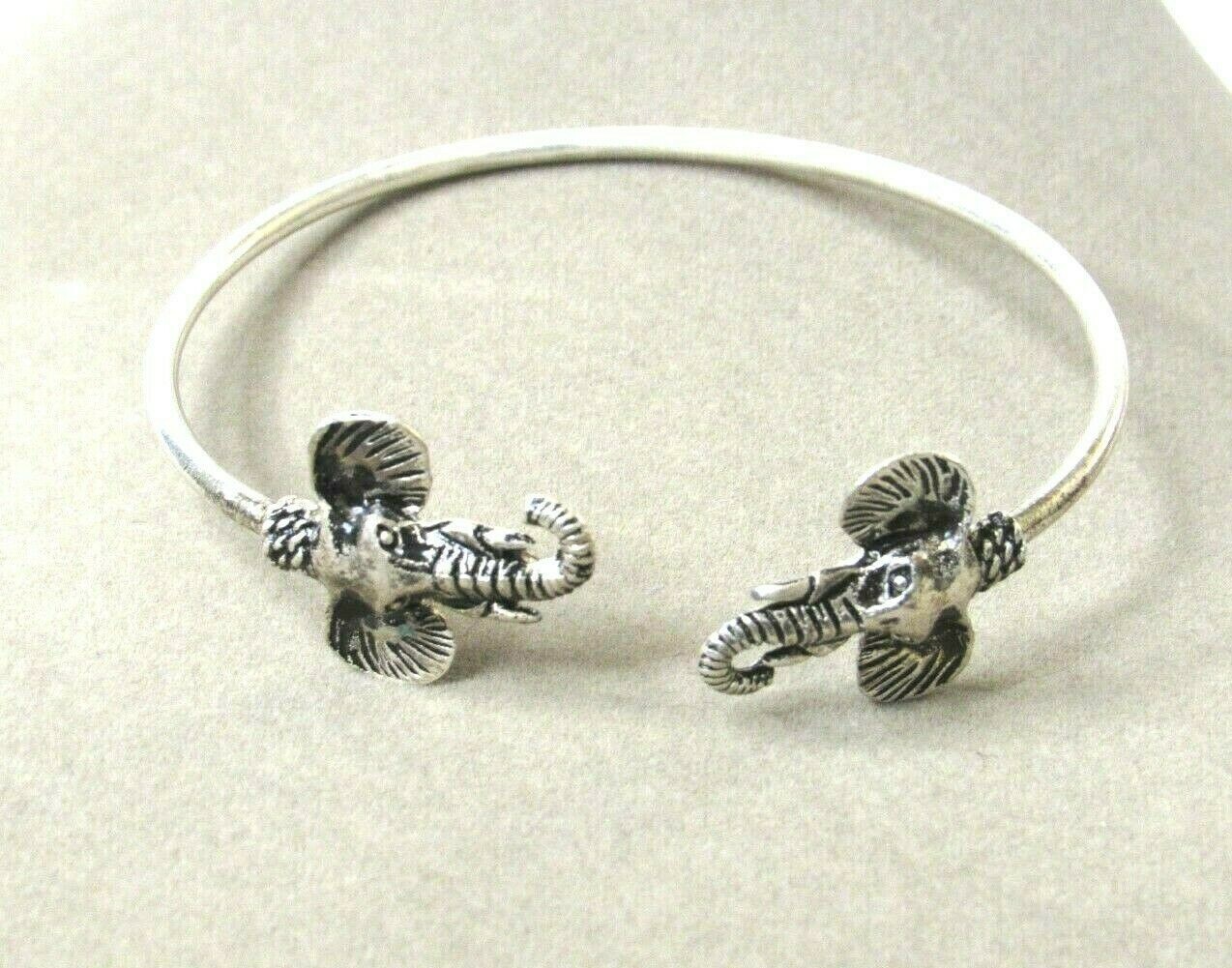 VTG Elephant Open Bangle Bracelet Antiqued Silver-Tone Safari Africa