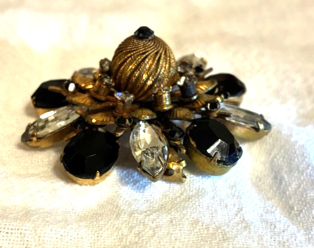 Antique Black Clear Rhinestone Facet Pin Brooch Dimensional Starburst Statement