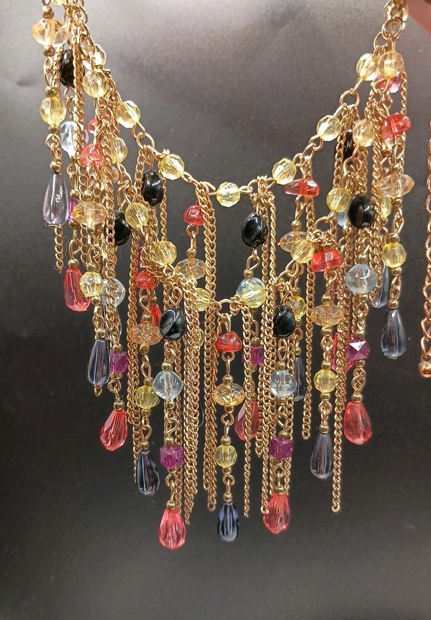 Vintage Beaded Tassel Necklace Bib Fringe Brass Gold Tone Multicolor 21″ READ