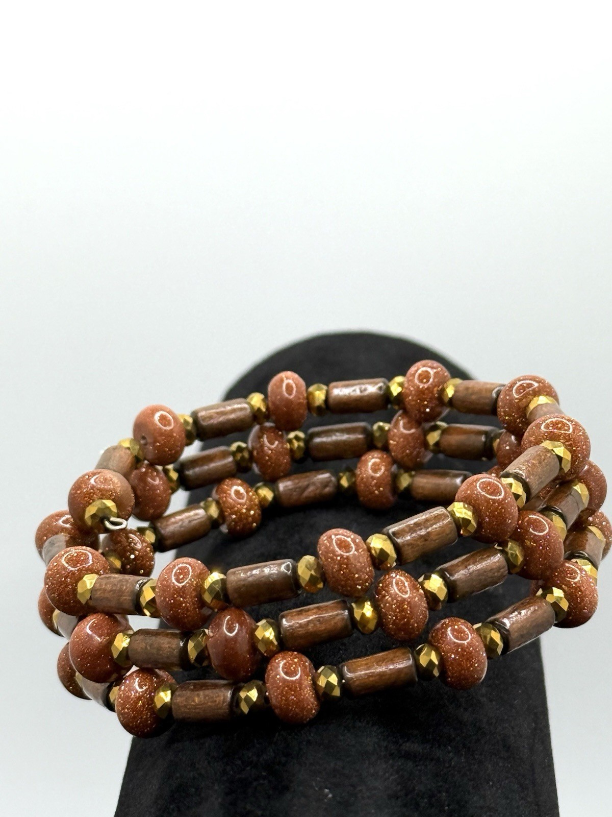 Vintage Bracelet Wood Goldstone Gemstone Wired Wrap Multi-strand Bohemian Boho