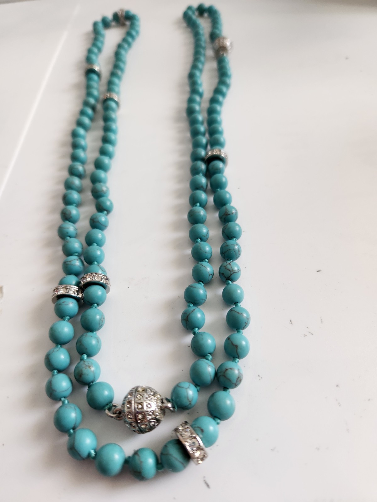 Vintage Genuine Turquoise Pave Rhines Hand Knot Necklace 50″ Mag Adjust 16 + 34