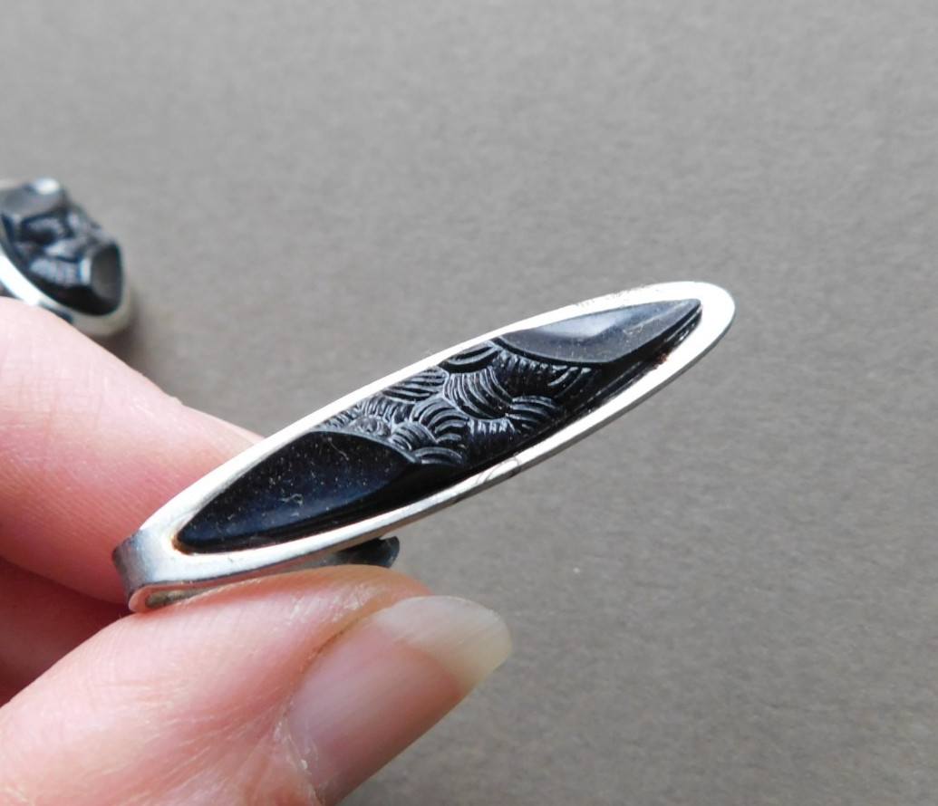 Vintage Matching Tie Clip & Cuff Links Set – Black & Silver tone