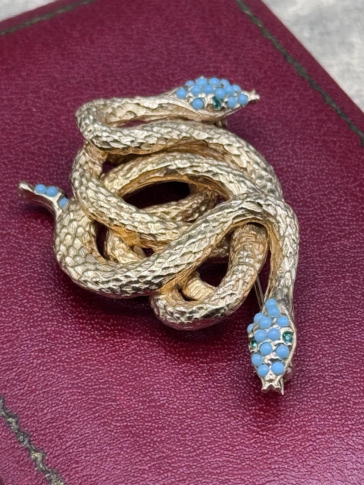 Les Bernard Snake Brooch Goldtone Serpent Blue Cabochon 2” Signed Inc Vintage