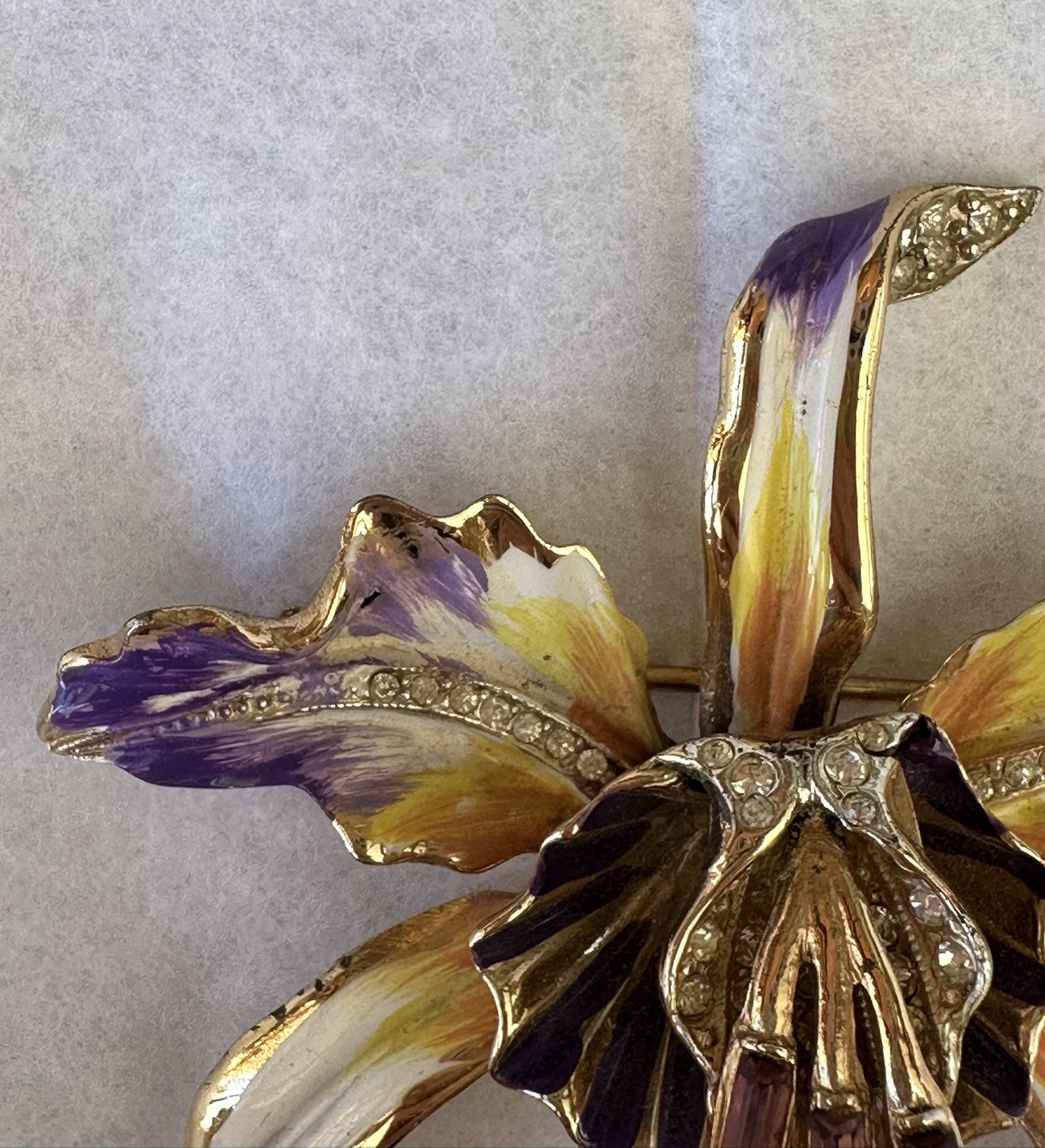 Coro Craft Vintage Pin Orchid Purple & Yellow Enamel Leaves Rhinestone Sterling