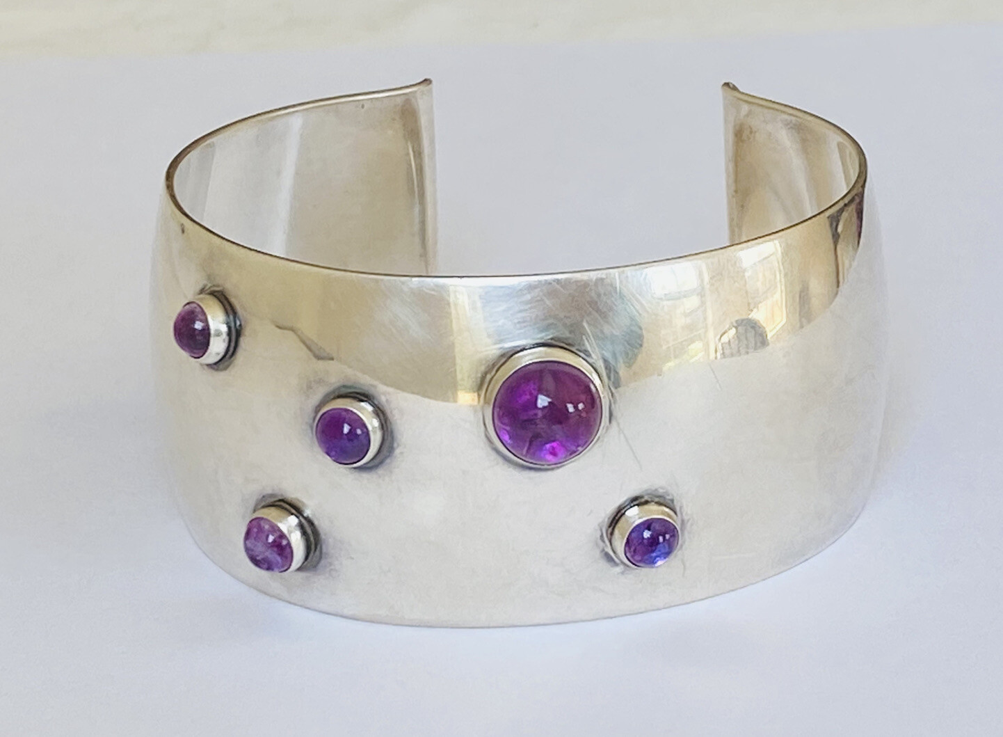 Heavy Vintage N E FROM Denmark Sterling Silver Amethyst Modernist Cuff Bracelet