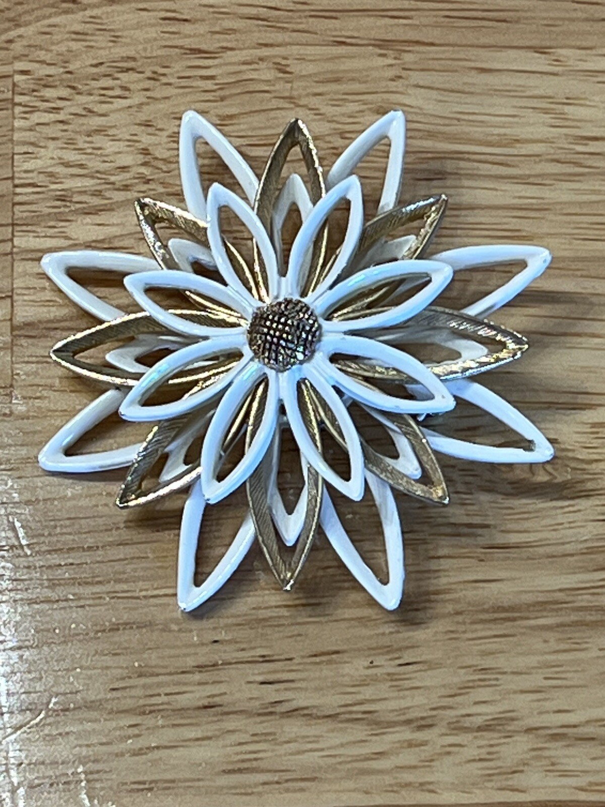 Flower Brooch Vintage Gold And White Enamel On Metal Flower Pin Signed Art