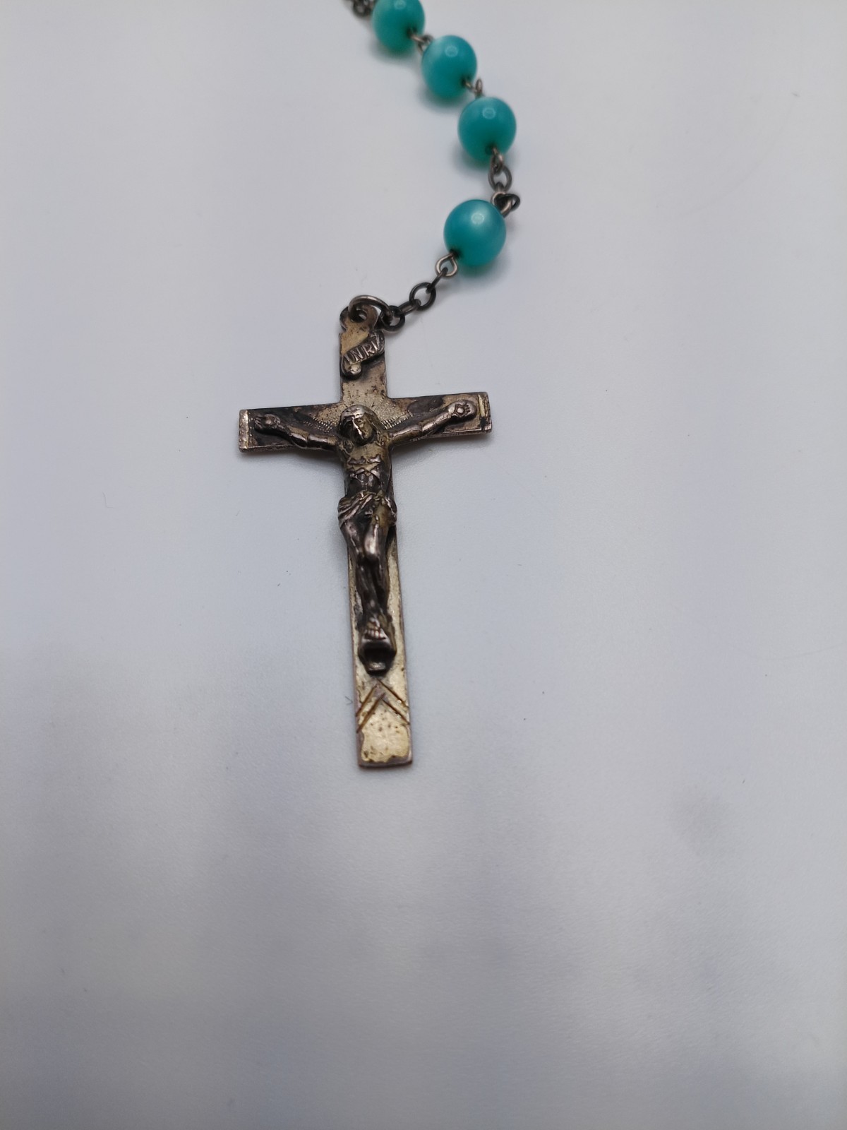 VINTAGE AFCO STERLING SILVER BLUE 58 Beads ROSARY CRUCIFIX Necklace