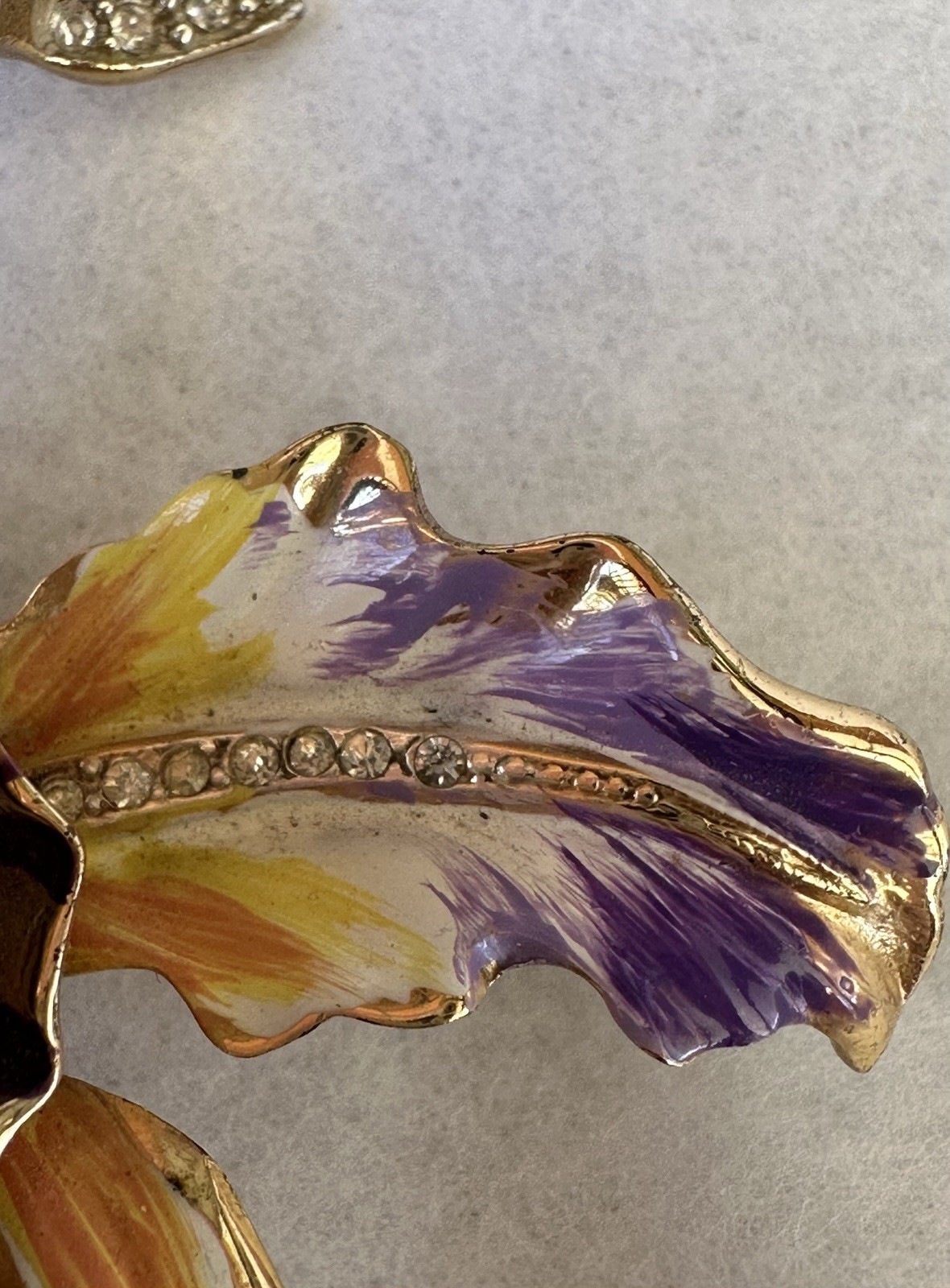 Coro Craft Vintage Pin Orchid Purple & Yellow Enamel Leaves Rhinestone Sterling