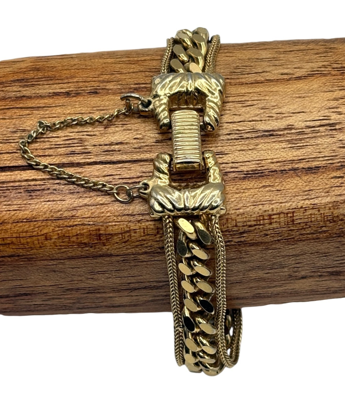 Goldette NY Gold Tone Bracelet 7″Cuban Chain Link Double Strand Safety Chain Vtg