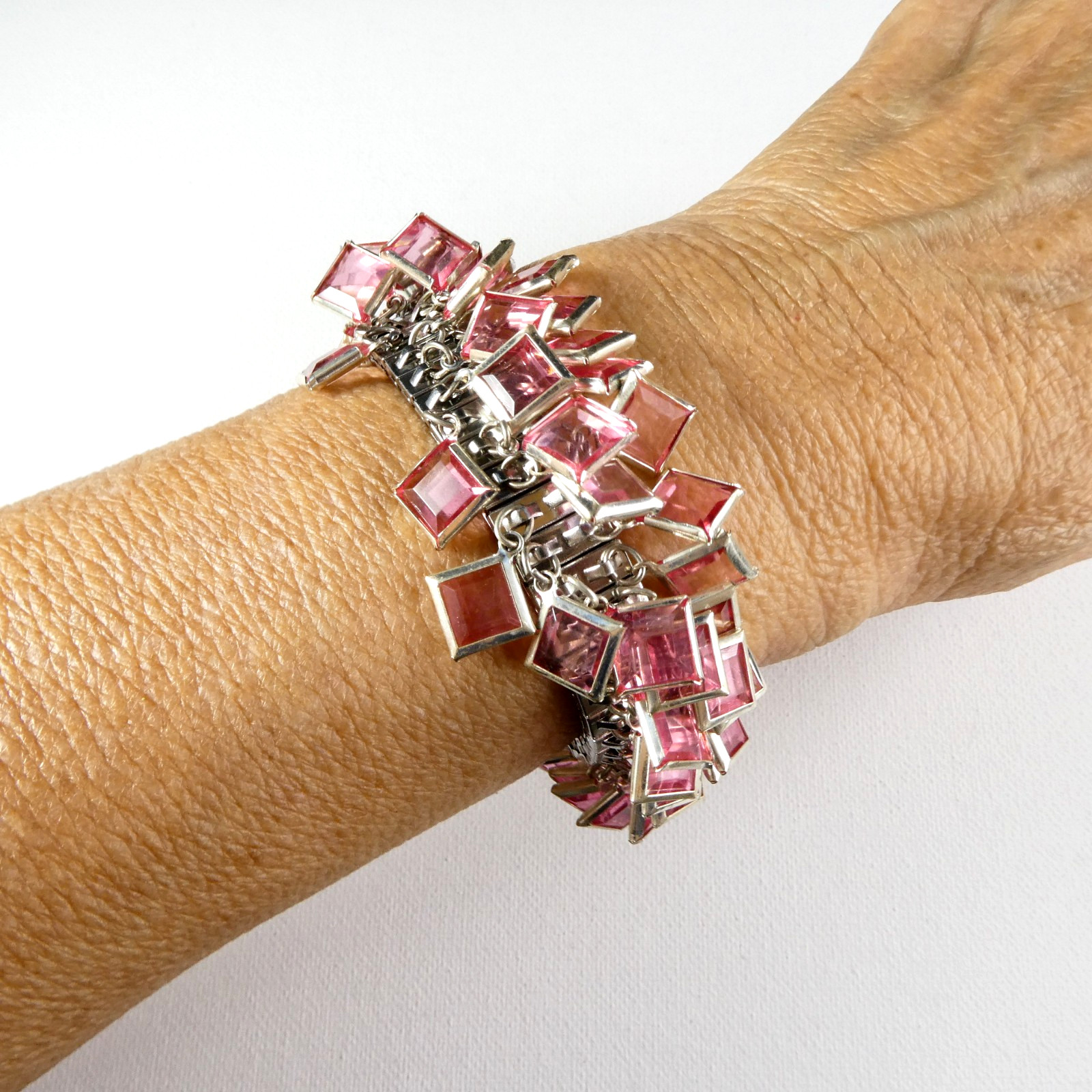 Vintage PINK Square Faux Crystals CHA-CHA Bracelet Silver Tone Expansion Stretch