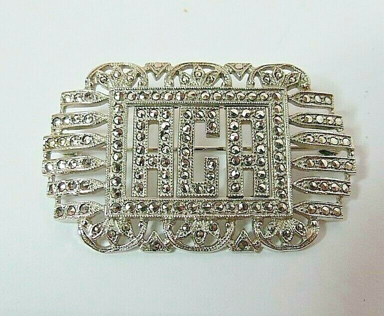 ANTIQUE LARGE LADIES STERLING SILVER ACA MARCASITE STONES PIN BROOCH 9.40 Grams