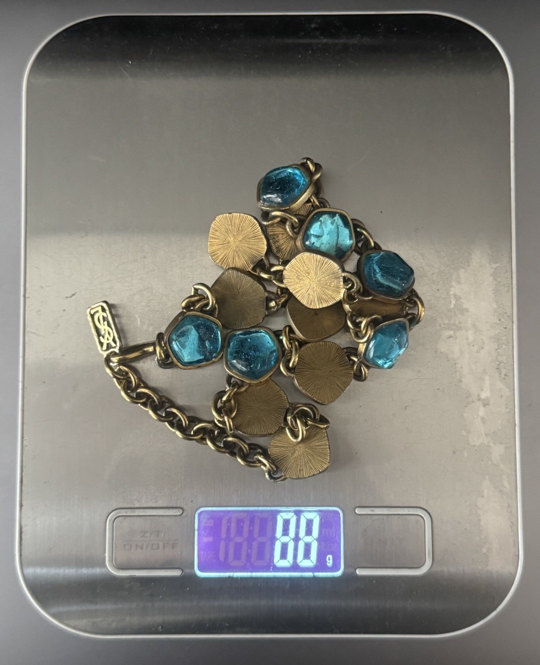 Vintage YSL Yves Saint Lauren Turquoise Blue Cabochon Chain Dangle Necklace 16”