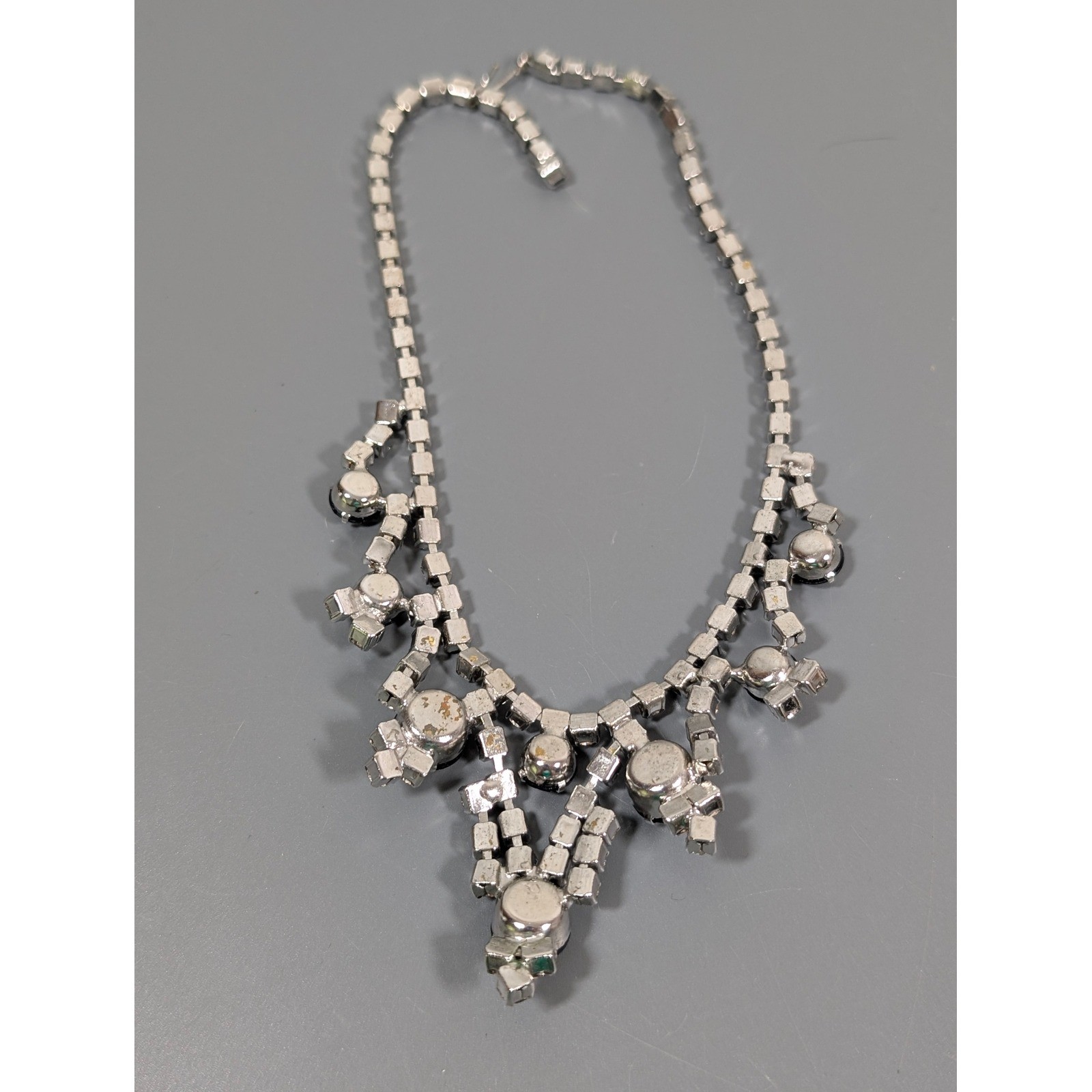 Vintage Black Clear Rhinestone Choker Necklace Silver Tone Bib Statement 15″