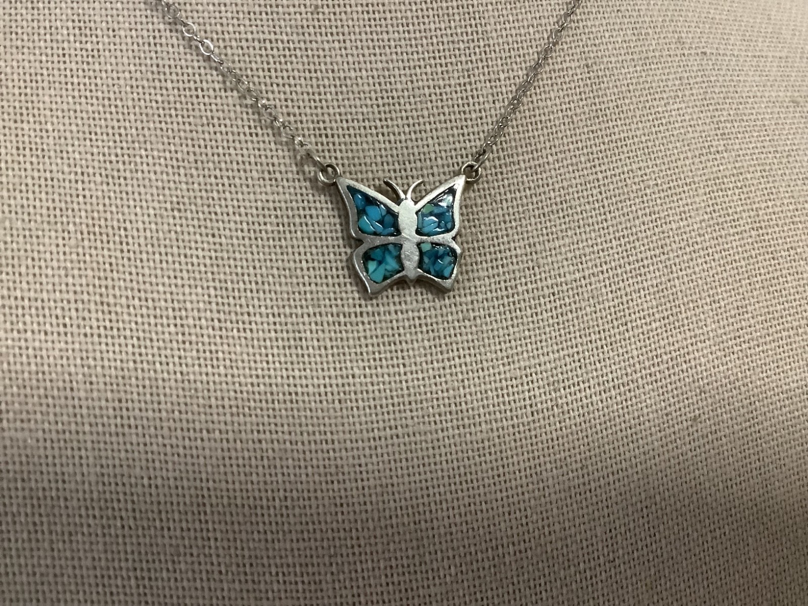 Vintage 80’s sterling silver 925 turquoise chip inlay butterfly pendant necklace