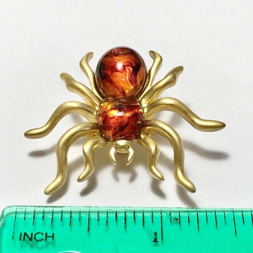 Vintage Honey Amber Spider Pin Brooch Insect Halloween Simulated Gold Plated
