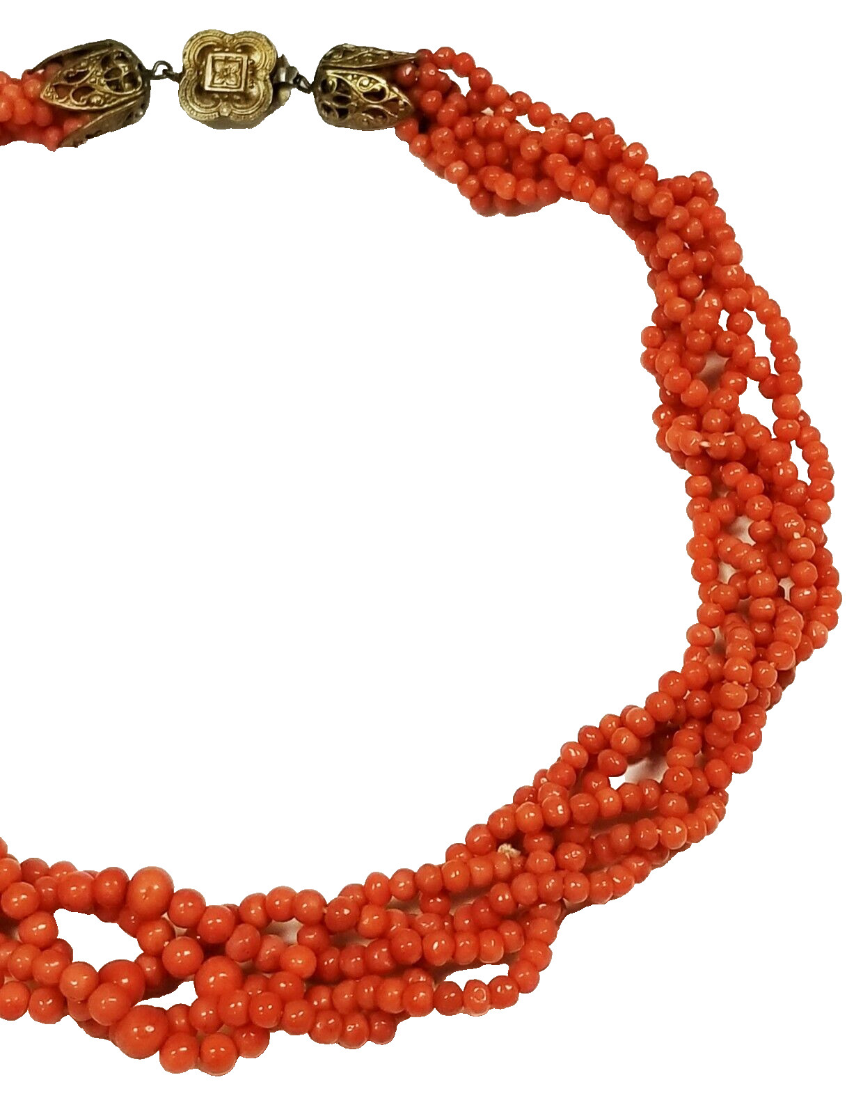 VERY EARLY Signed HASKELL Genuine Coral 4mm Bead Link Necklace 16.5″ x 3/4″