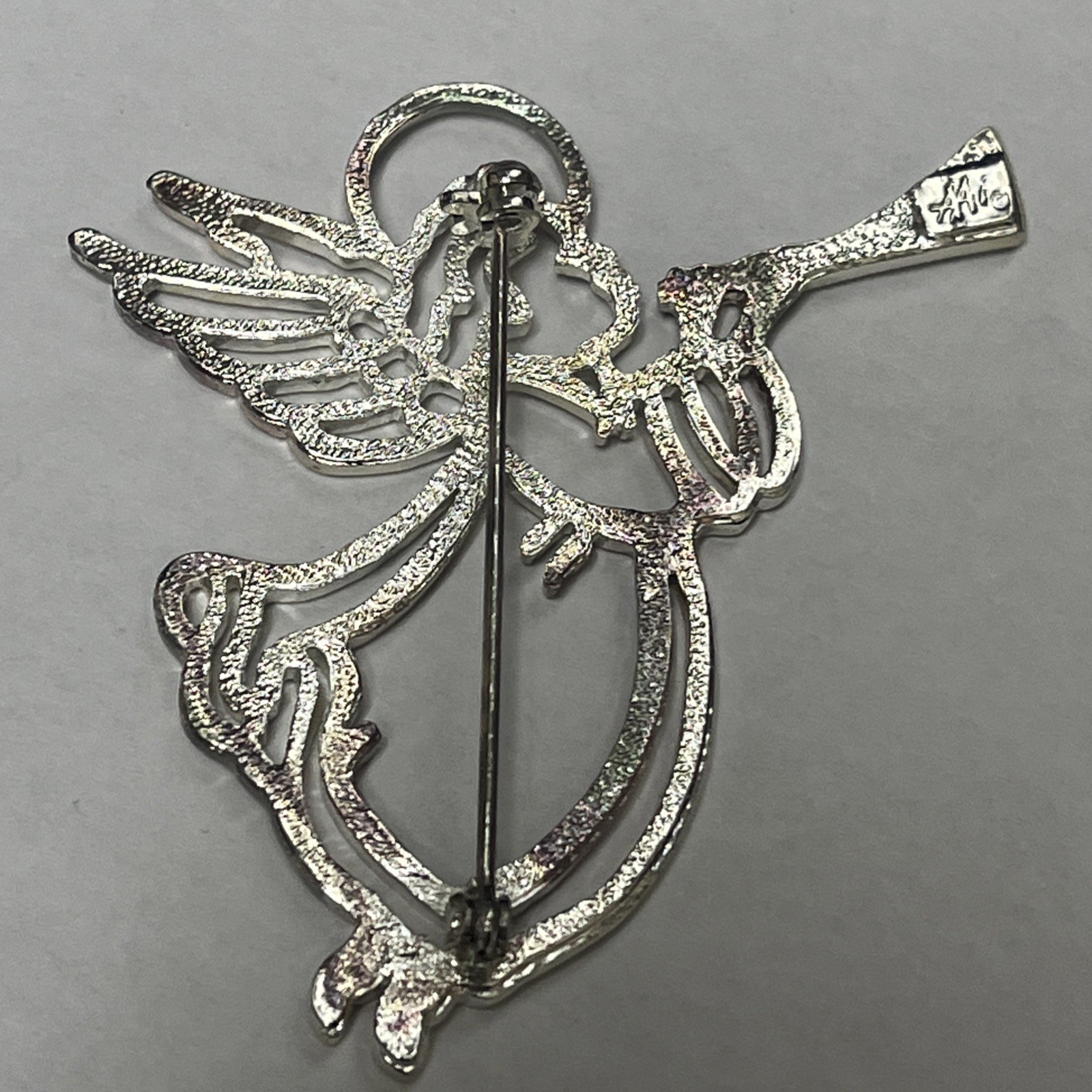 Vintage Silver Halo Angel With Wings & Blowing Trumpet Brooch Lapel Pin Costume