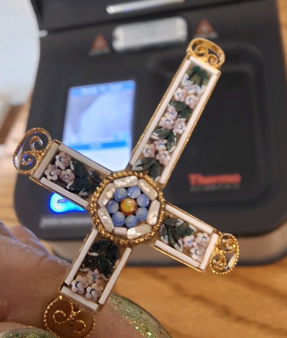 Vintage Italian Signed Micro Mosaic Gold-Plated Filigree Cross Pendant Necklace