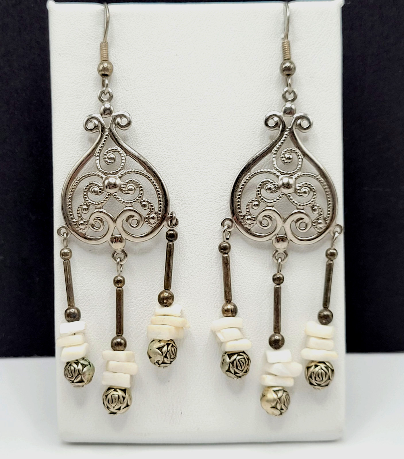 Southwestern Style Chandelier Silver Tone White Howlite Bead Pierced Earrings