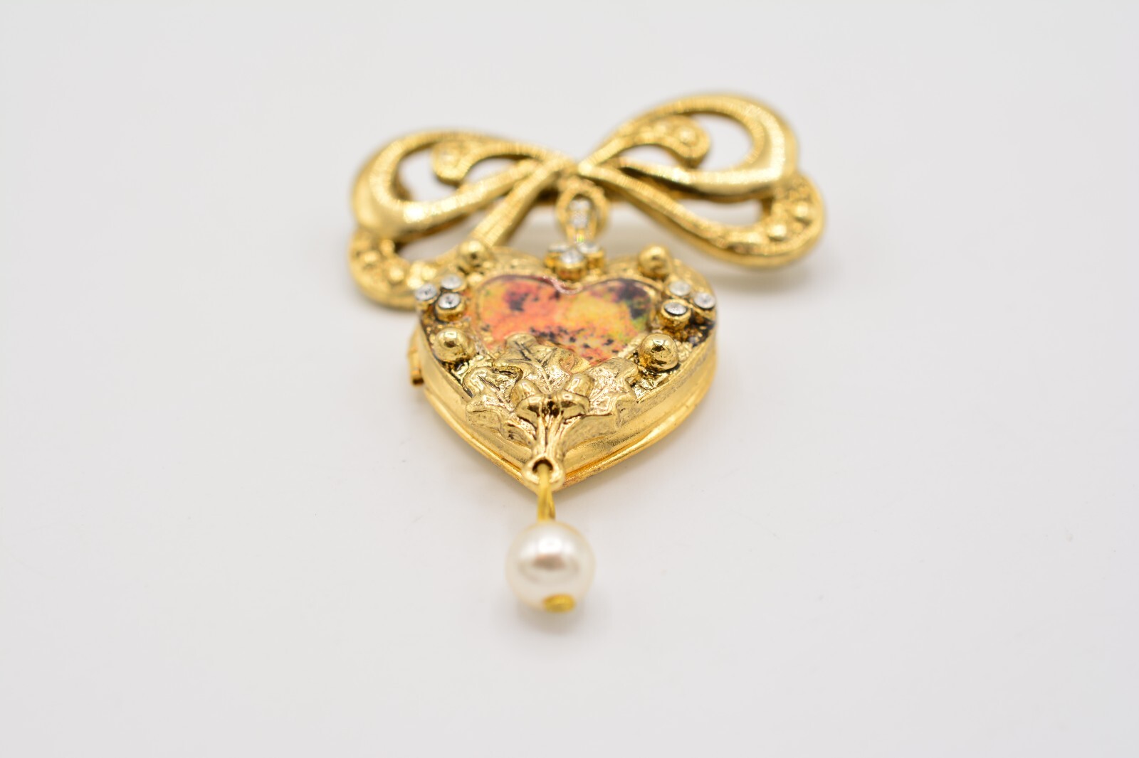 Vintage Heart Locket Pin Brooch Dangle Bow Enamel Cherub Angel Gold 1980s BinA12