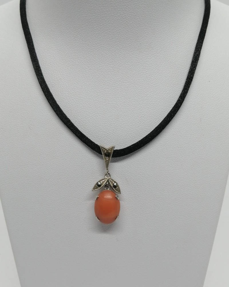 Antique French 800 Silver Pendant with Marcasite Stones and Coral Cabocho c.1920