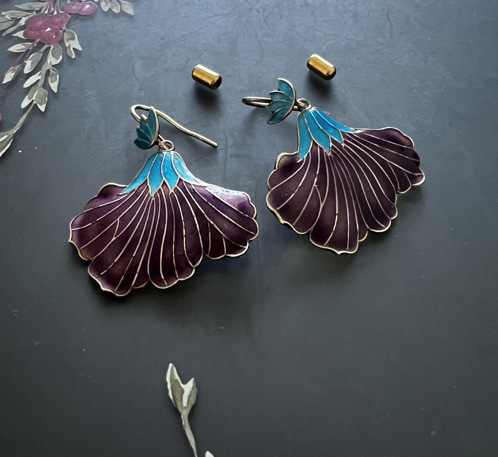 Vintage Shashi Iris Enamel Earrings 925 Sterling Vermeil Purple Turquoise