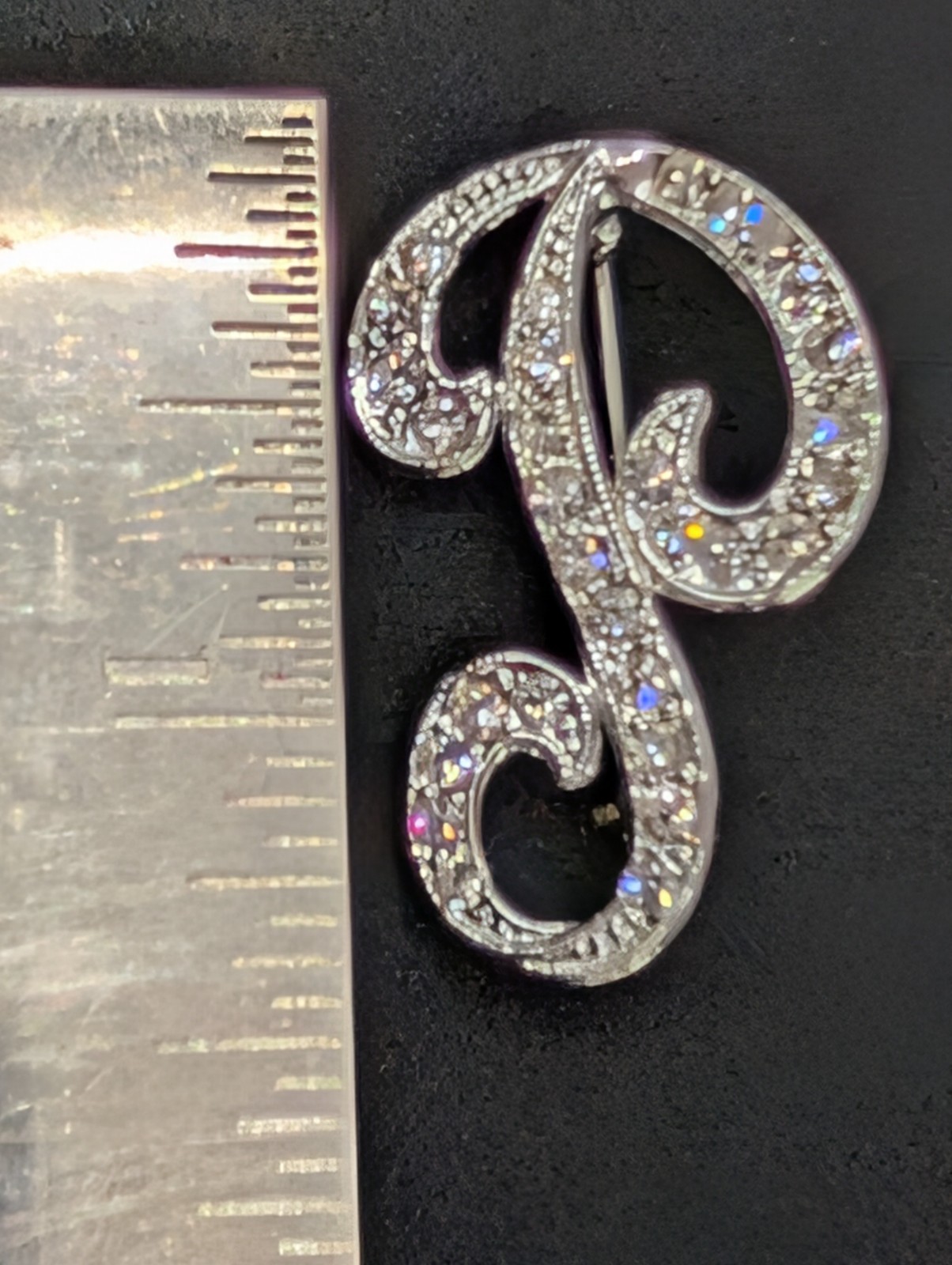 Vintage Rhinestone Initial Brooch Pin – Letter P – Silver Tone Monogram