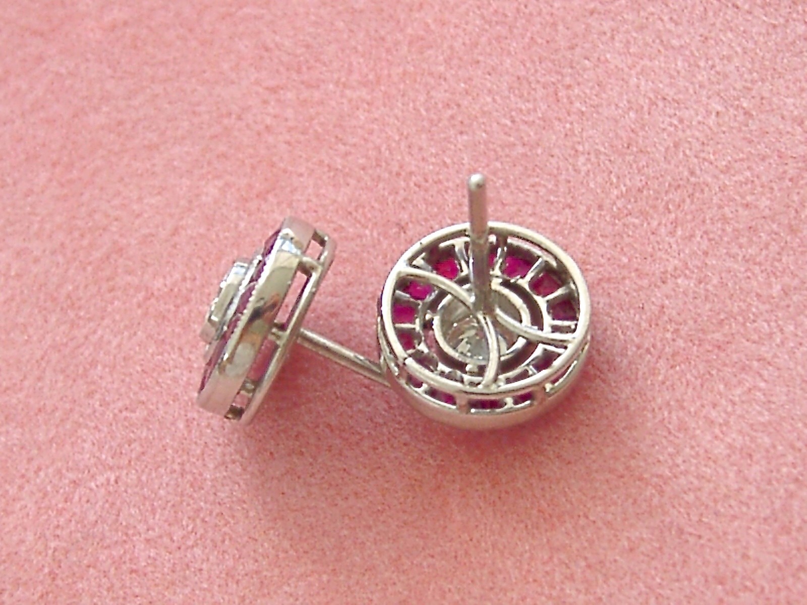 ART DECO STYLE .46ctw DIAMOND w/ RUBY HALO PLATINUM 9.5mm EVERYDAY STUD EARRINGS