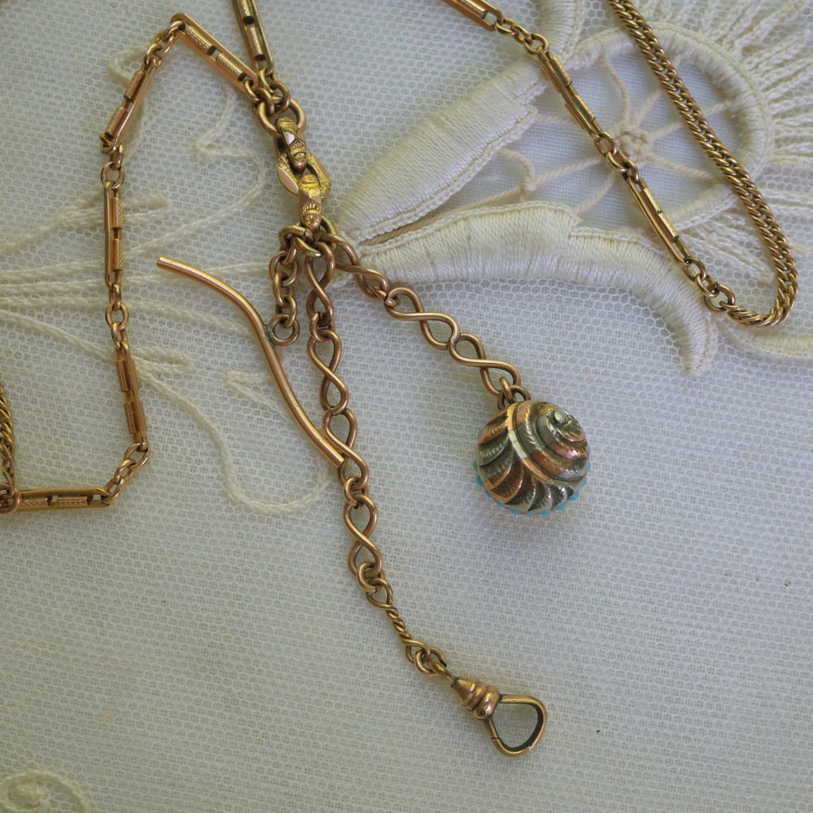 Antique Gold Filled Turquoise Watch Fob Necklace Bar & Link Chain Swivel Hook