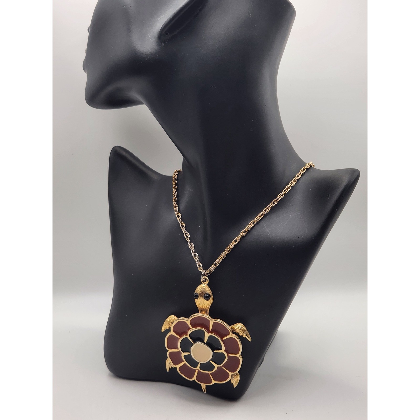 Vintage Gold Tone Enamel Turtle Pendant Necklace Red Black Large Statement Retro