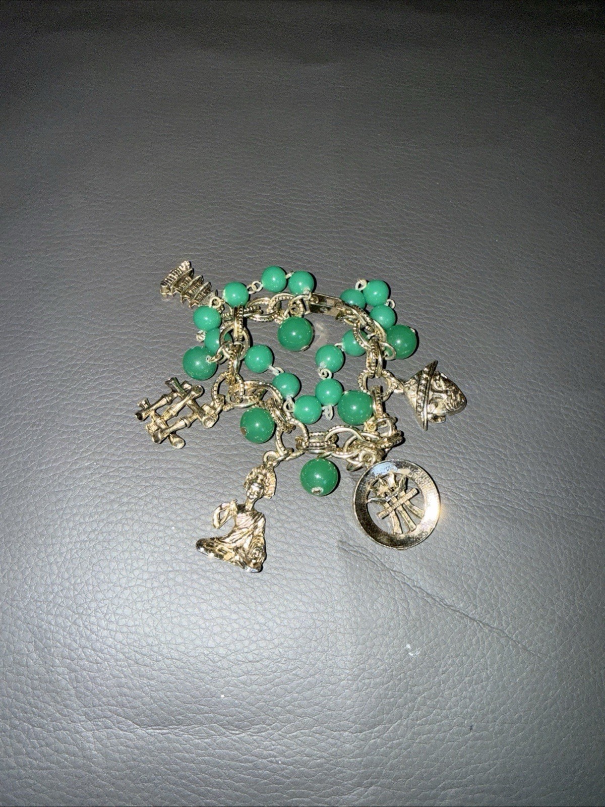 Vintage Gold Tone Asian Bracelet With Green Beads. Possible Free People 7 In