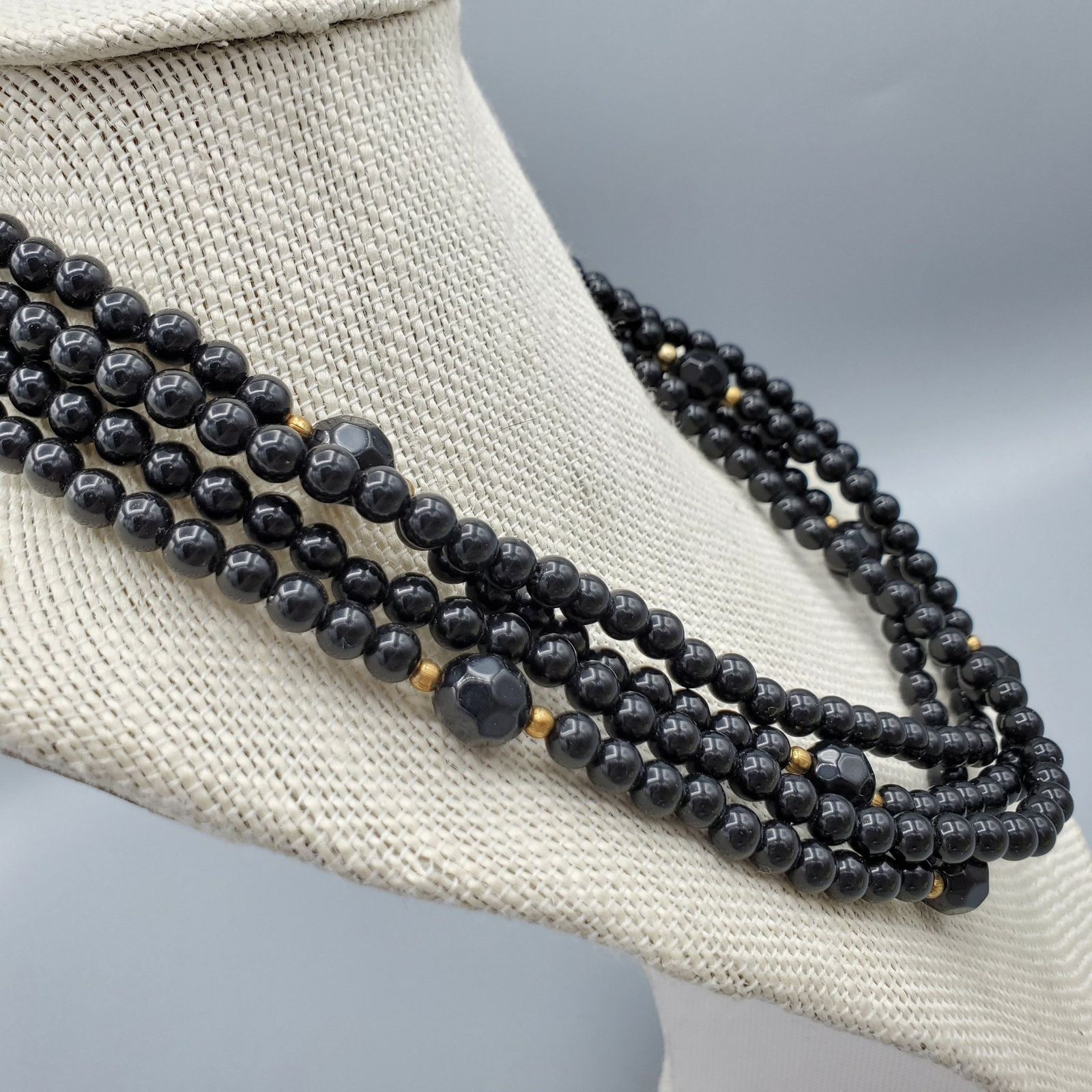 Vintage Black Lucite and Gold Tone Bead Multi Strand Layered Necklace 16″