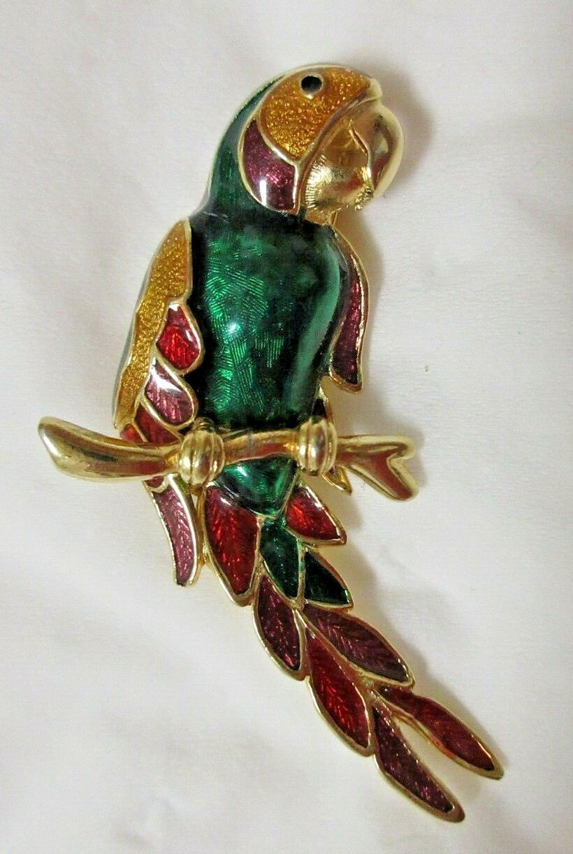 Vintage Gold Tone Green, Red, Yellow & Blue Enamel Parrot Brooch