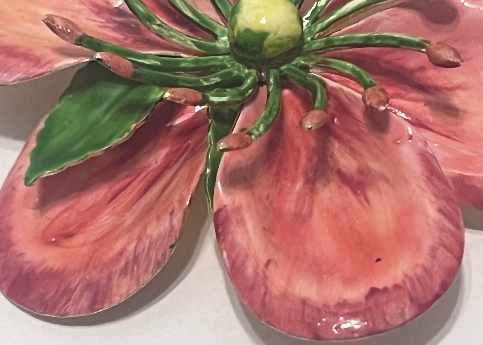 Vtg Hattie Carnegie Enamel Flower Brooch W/ 3D Pink Petals And Green Pistils