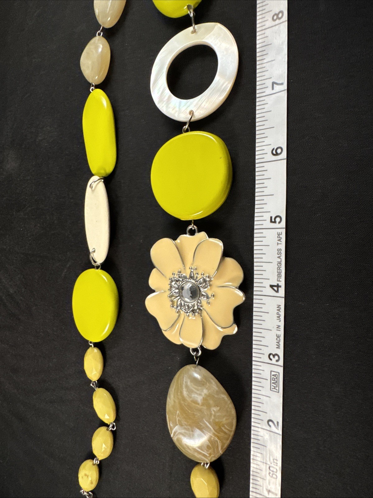 Vintage Acrylic Shell & Enamel Bead Necklace Yellow/Green/White 25 inch