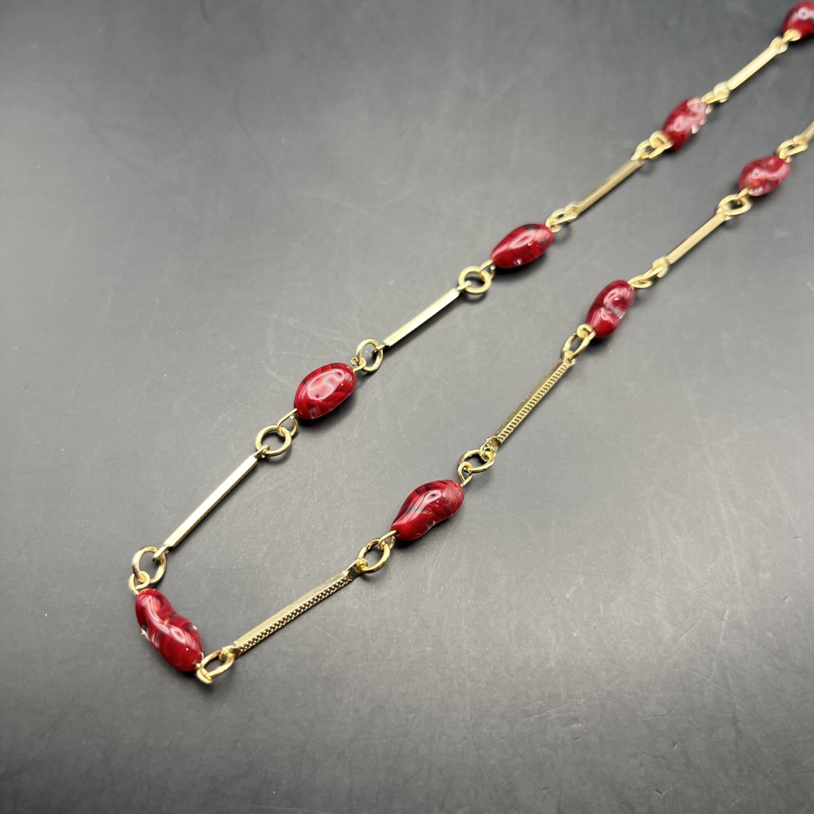 Long Art Glass Station Necklace Bar Link Red Gold Tone 26 Inch Classic Vintage