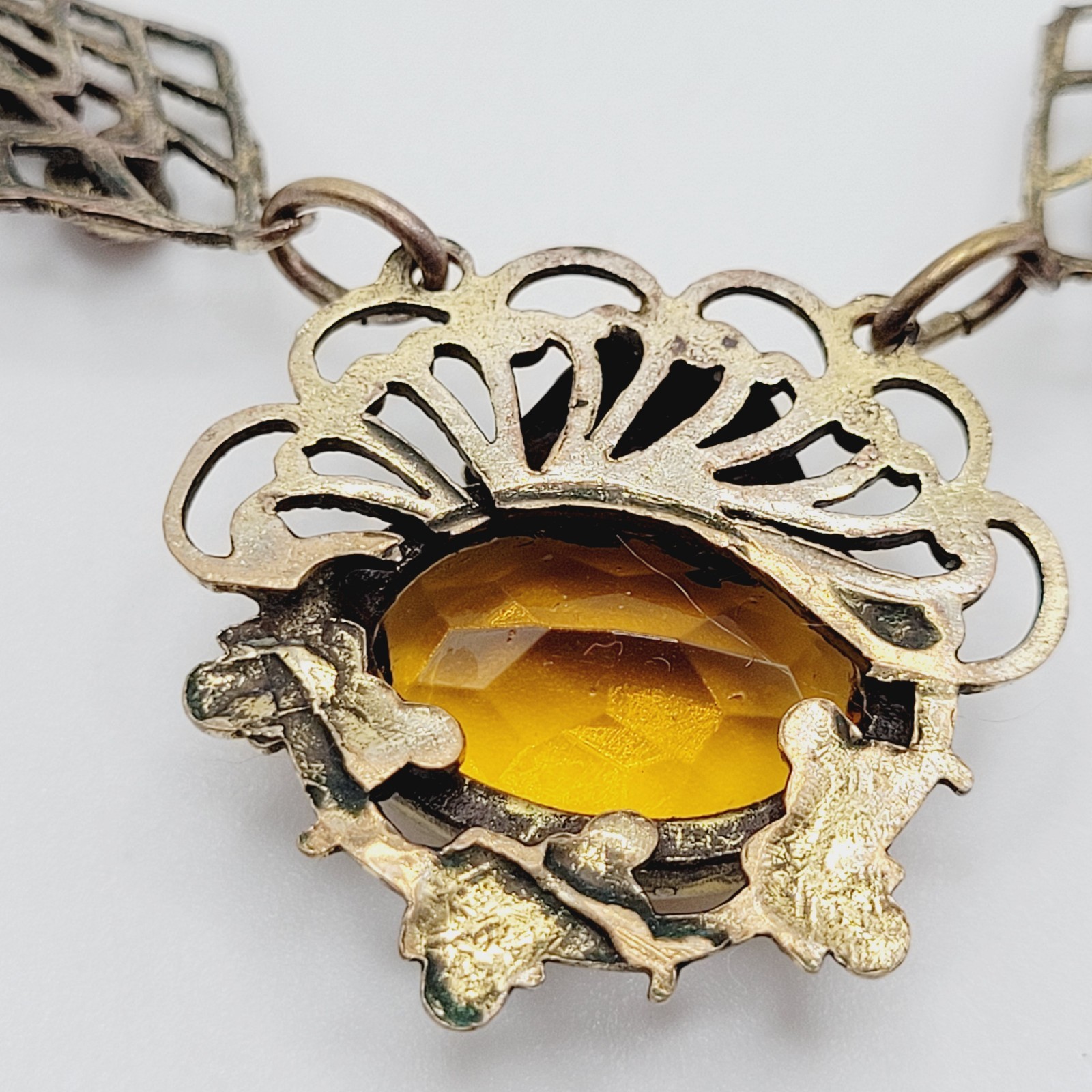 Czech Glass Art Nouveau Deco Flower Motif Brass Festoon Bib Amber Citrine 15 In