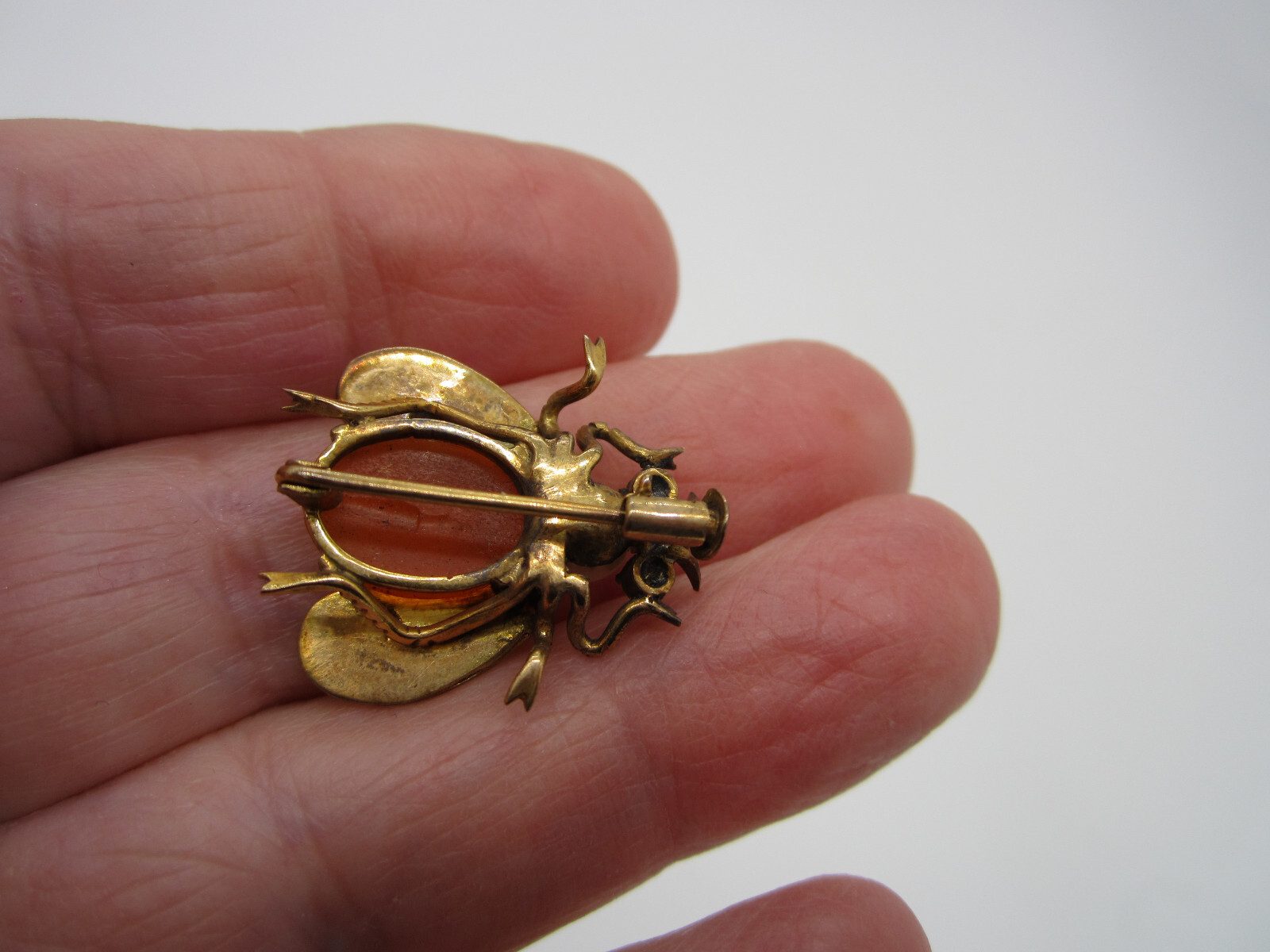 Estate Vintage 14k Yellow Gold Orange Opal Pearl Jade Fly Insect Bee Brooch