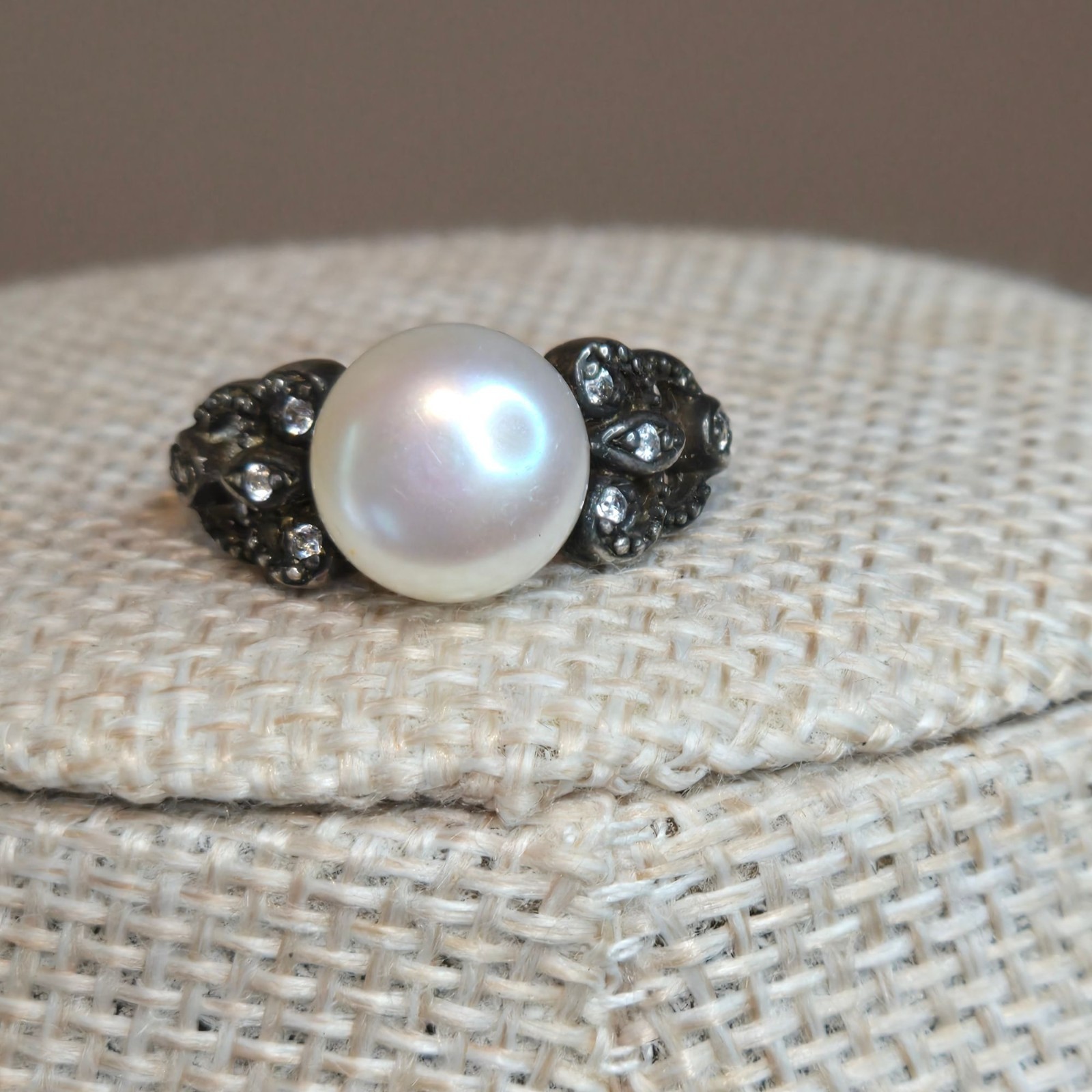 Vintage Sterling Silver Pearl Marcasite Ring Filigree Cocktail Statement size 6