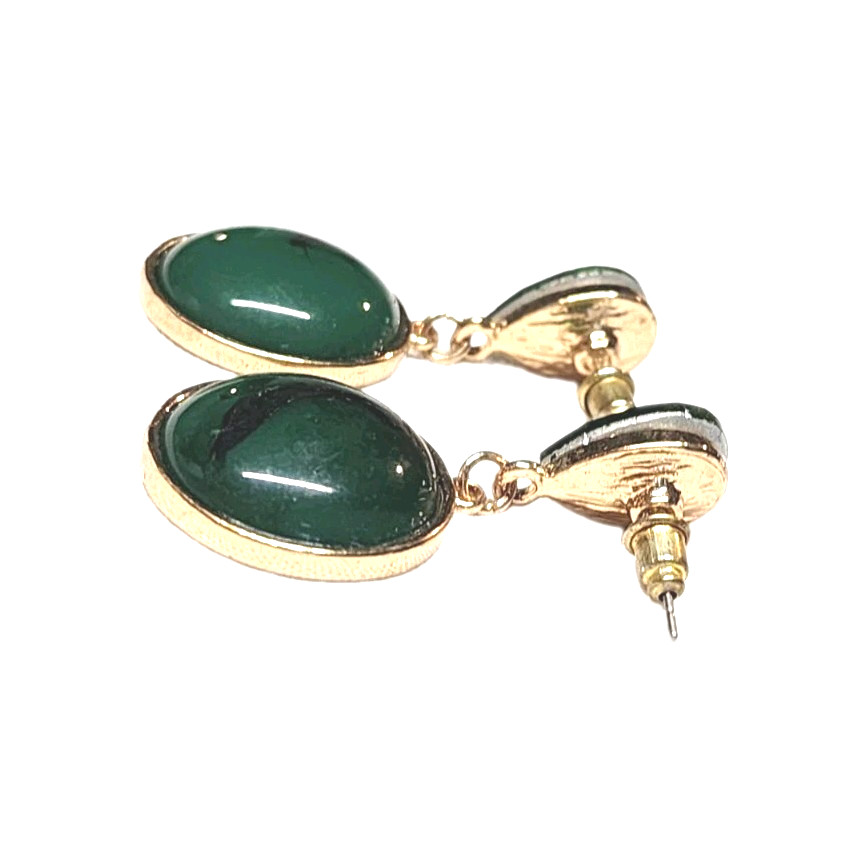 Vintage Green Faux Stone Rhinestone Gold Tone Dangle Earrings Teardrop Round GUC