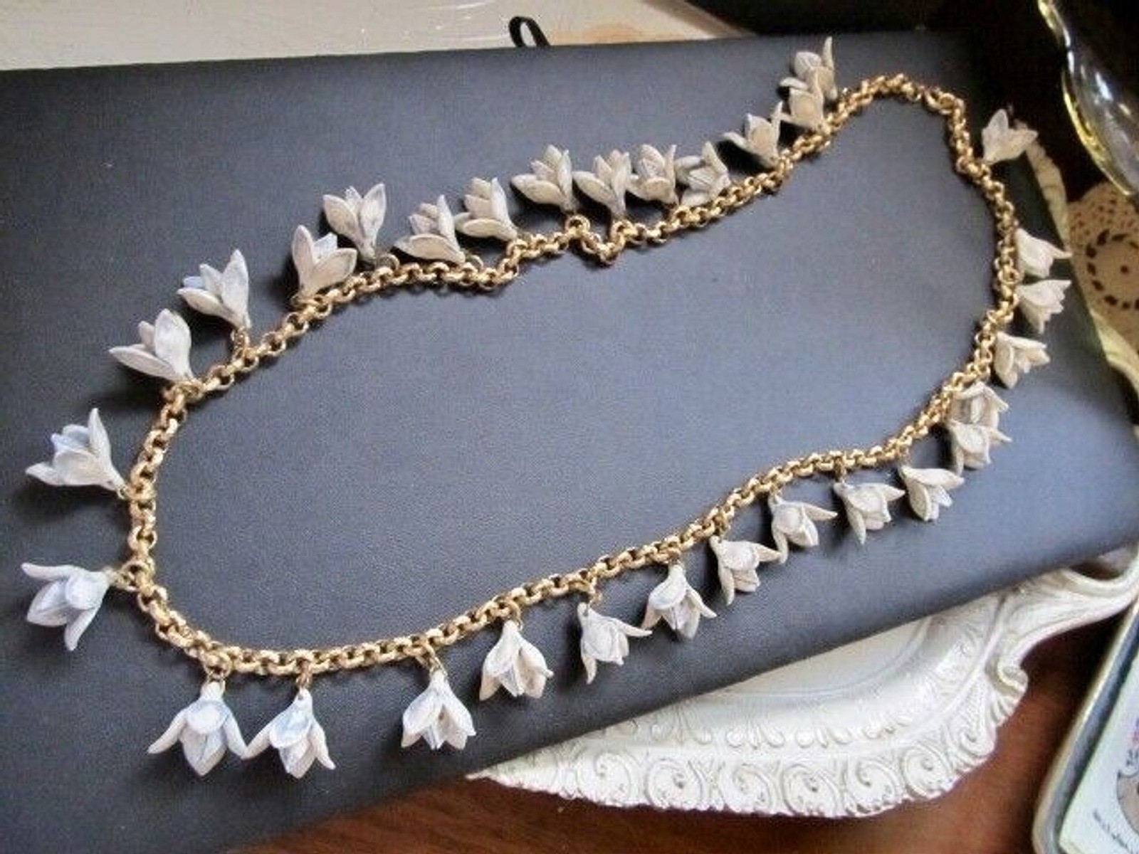 VtG Brass Chain Link Garland Necklace w Molded Plastic Flower Bud Dangle Charms