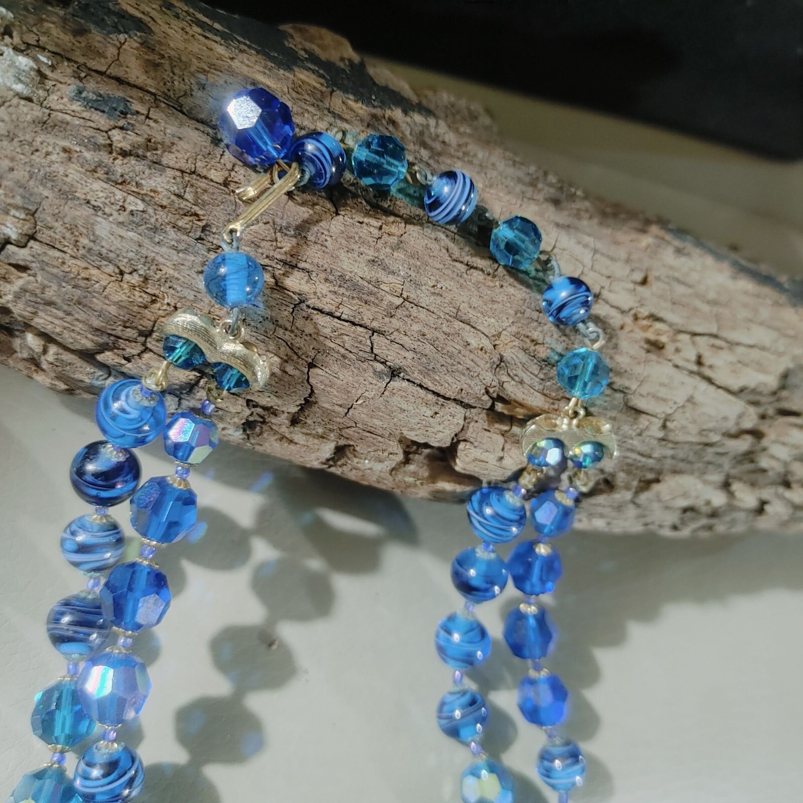 Necklace Vintage Strand Artisan Blue Teal Beaded Hook Clasp Retro Jewelry Glass
