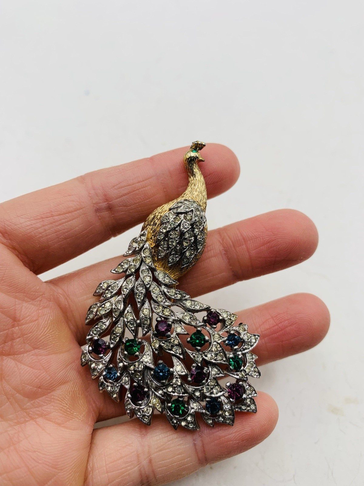 Vintage Signed Panetta Peacock Bird Crystal Gold Tone Blue Purple Green Brooch