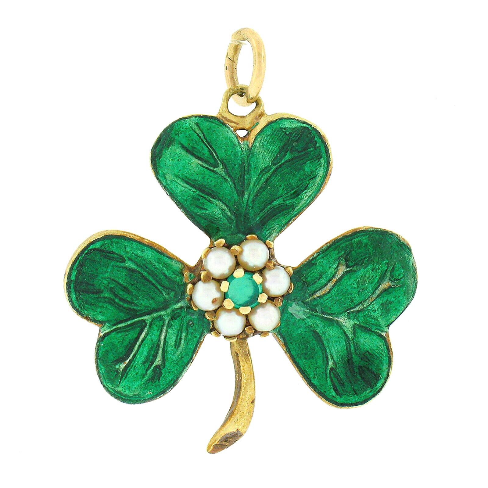 Antique 14k Gold Emerald Pearl Vivid Green Enamel Textured Clover Charm Pendant
