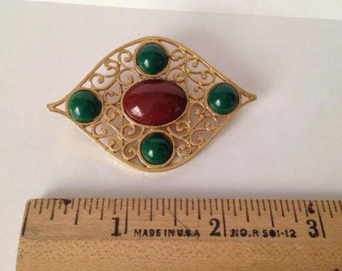Vintage CORO Signed Red Green Cabochon Gold Tone Brooch Pin