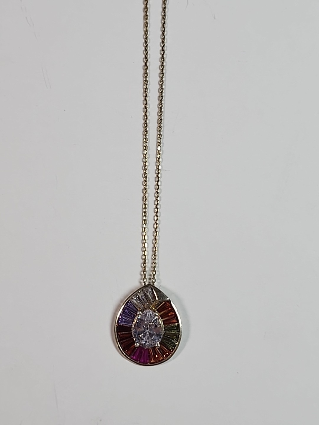 Rainbow Cluster Stones Teardrop Pendant Gold Over .925 Silver 17.5″ Necklace