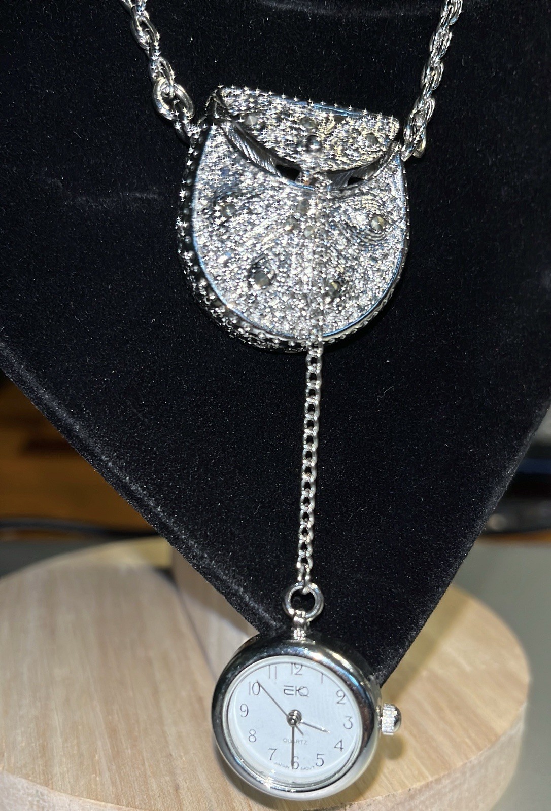 Vintage EKO Purse Pendant Necklace with Quartz Watch 28″ Silver Toned Chain