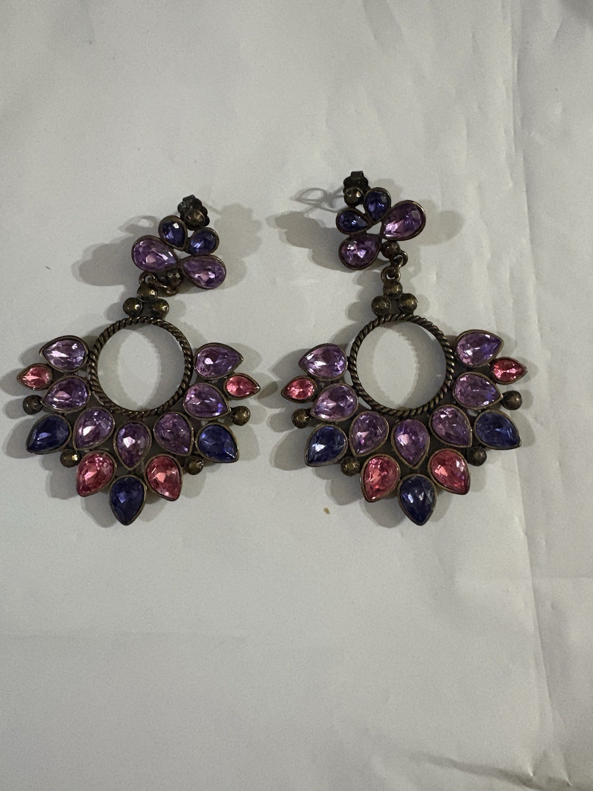 Vintage look pink purple and blue chandelier earrings
